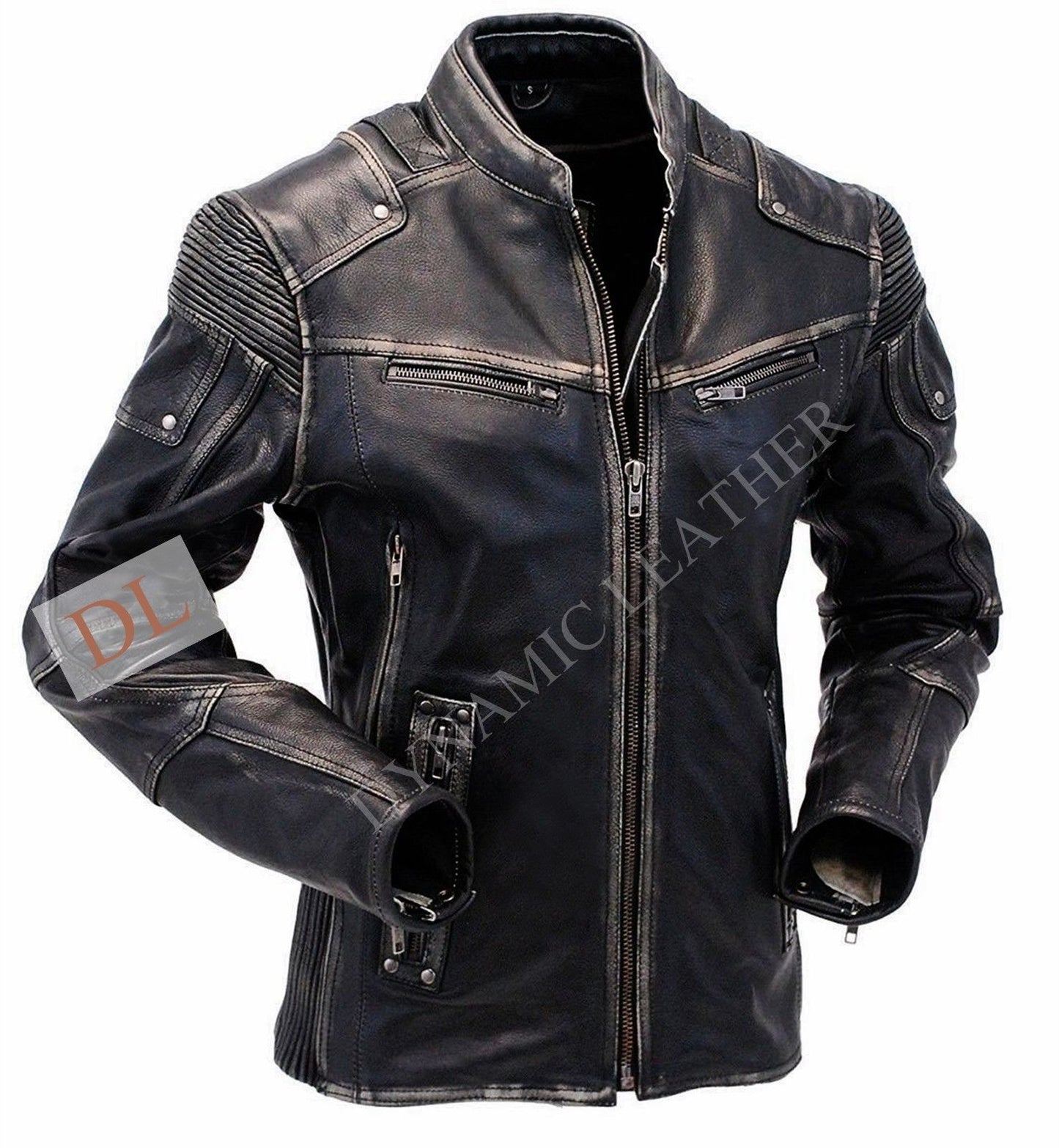 MENS VINTAGE RIVET BLACK DISTRESSED MOTORCYCLE COWHIDE LEATHER JACKET Majestic Leather