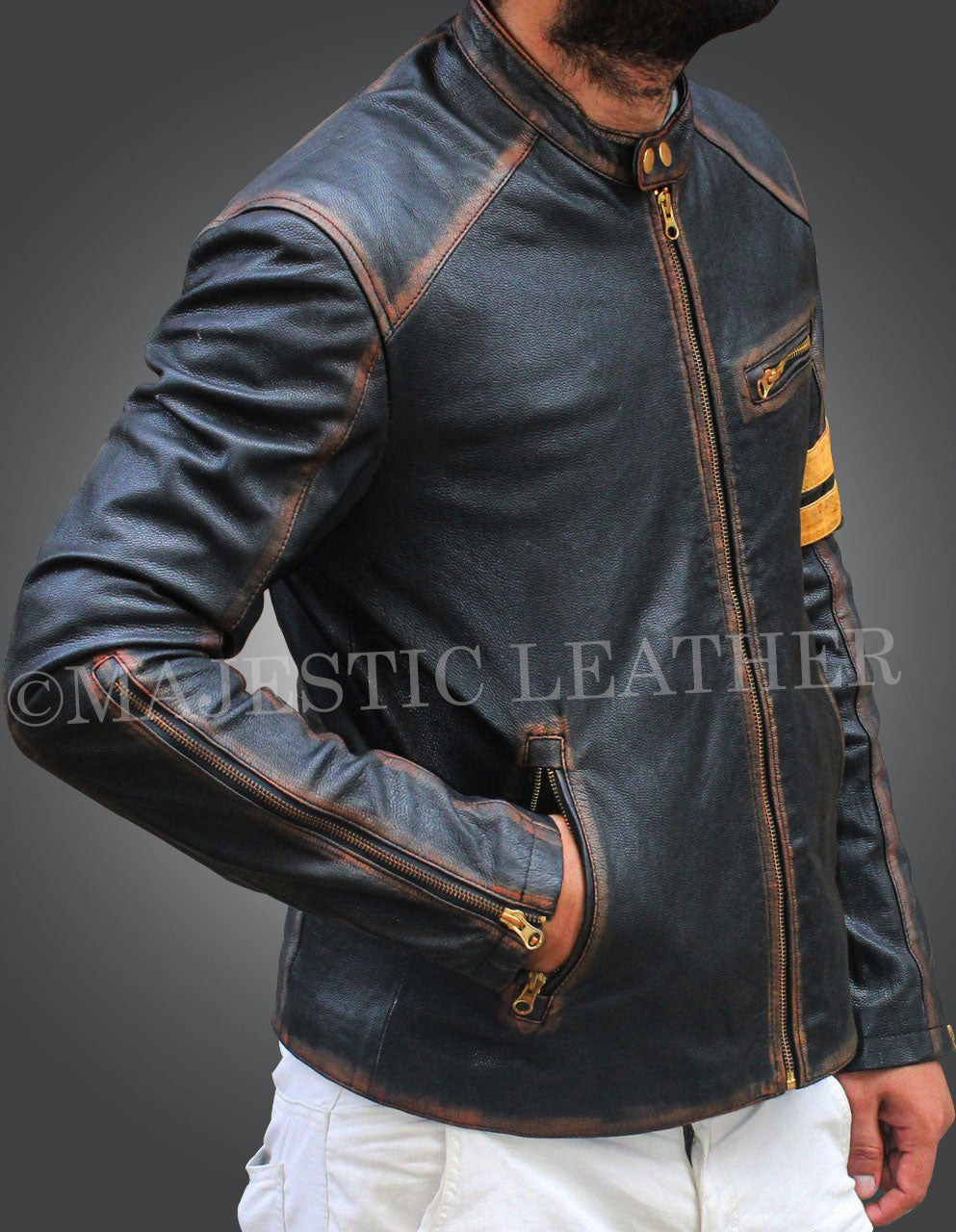 Men's Black Goldie Strips Biker Vintage Distressed Motorcycle Cafe Racer Real Leather Jacket