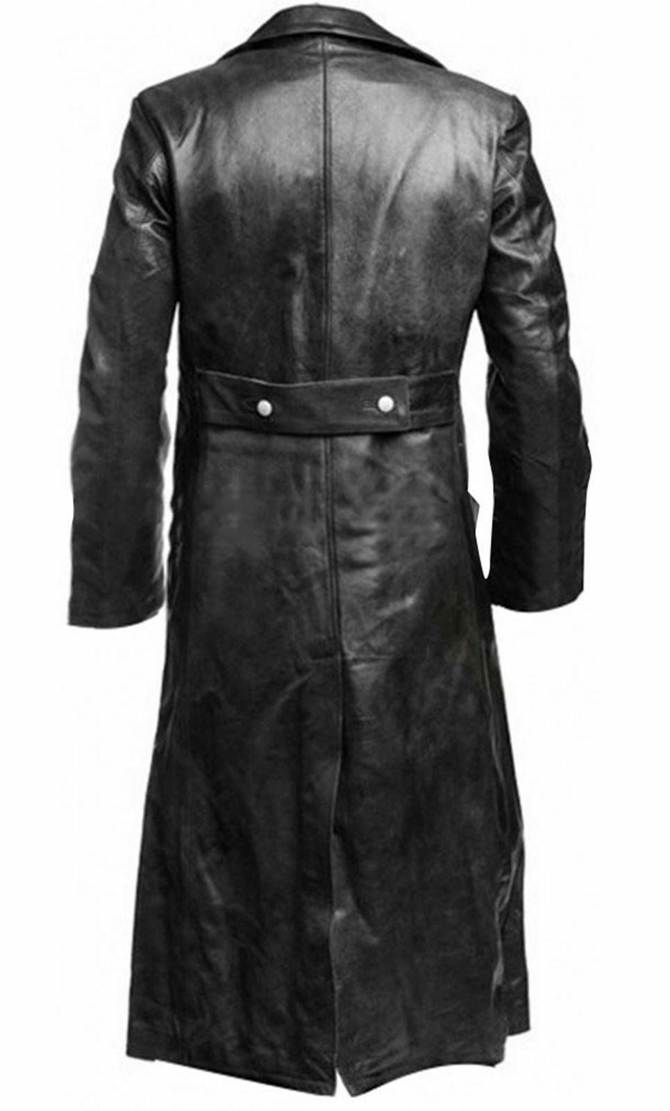 MEN'S CLASSIC OFFICER MILITARY BLACK FAUX/SYNTHETIC LEATHER LONG GERMAN TRENCH COAT Majestic Leather
