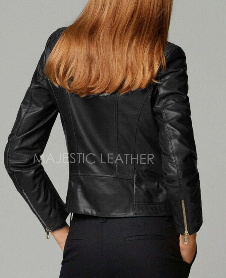 Women's Genuine Lambskin Leather Black Slim fit Biker Motorcycle Jacket Majestic Leather