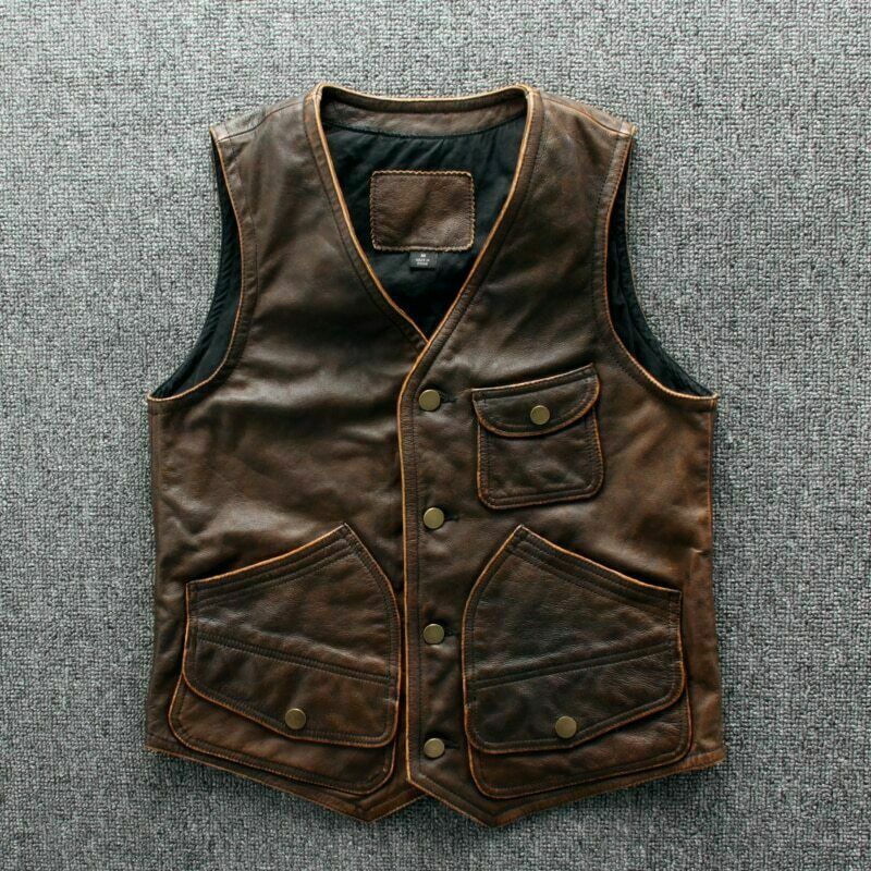 Men's Biker Vintage Tan Brown Real Leather Motorcycle Vest