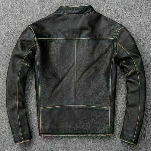 MENS MOTORCYCLE VINTAGE BLACK FADED REAL LEATHER JACKET