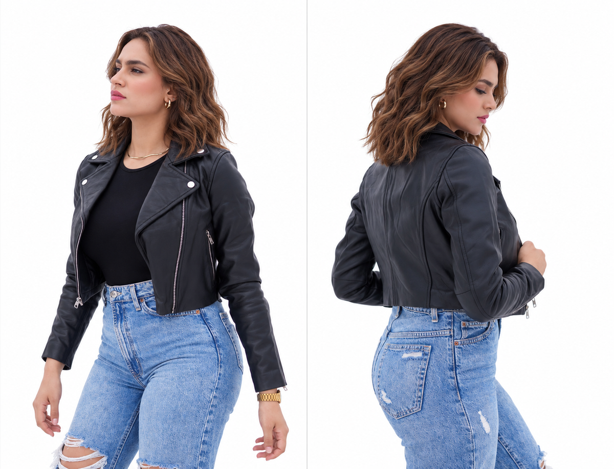 Women's New Real Lambskin Black Biker Short Waist | Majestic Leather Majestic Leather