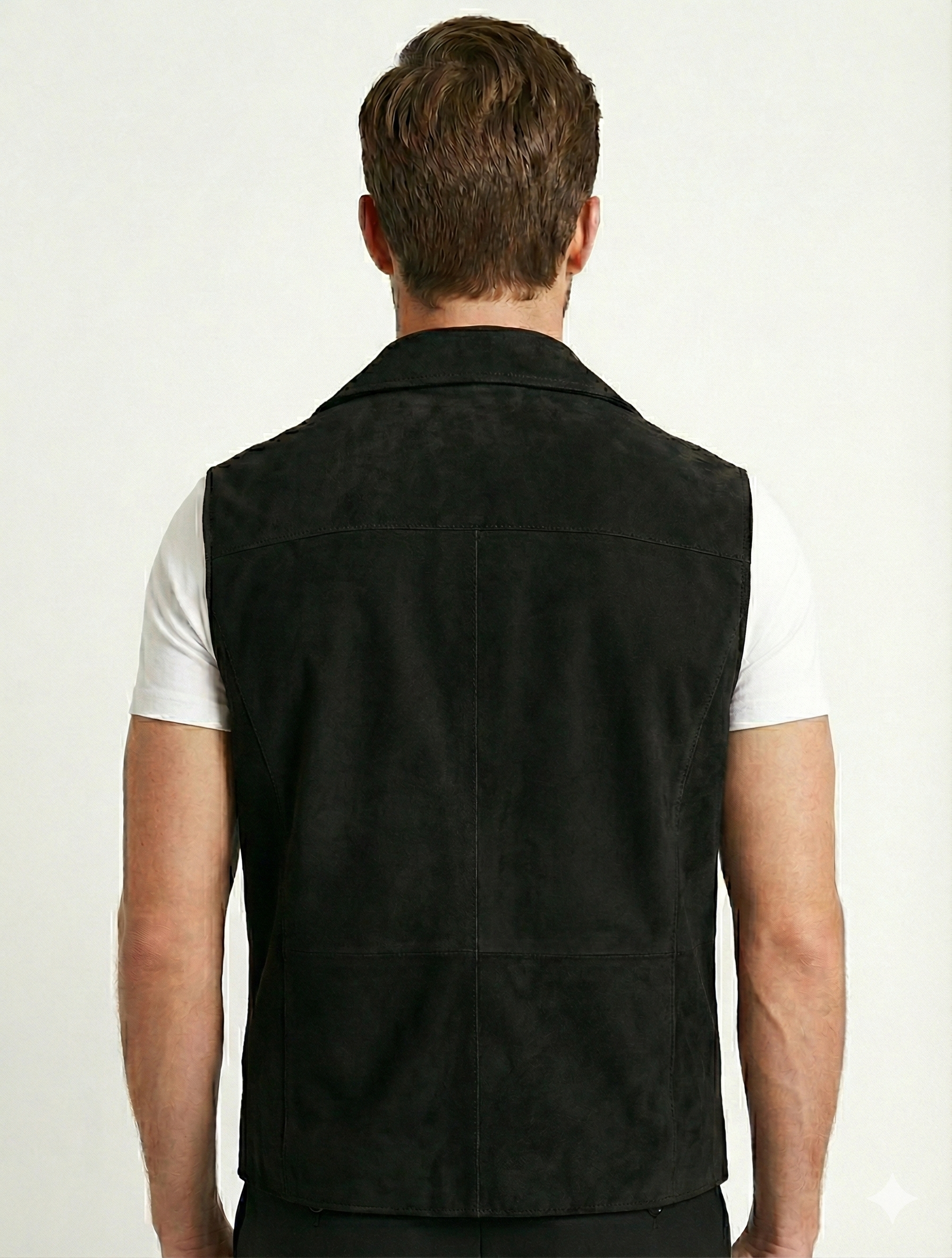 Men's French Lapel Real Suede Leather Vest | Majestic Leather — back view | Majestic Leather UK