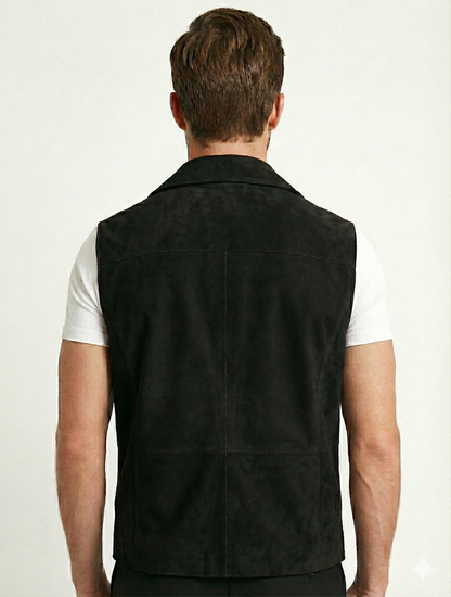 Men's French Lapel Real Suede Leather Vest | Majestic Leather — back view | Majestic Leather UK