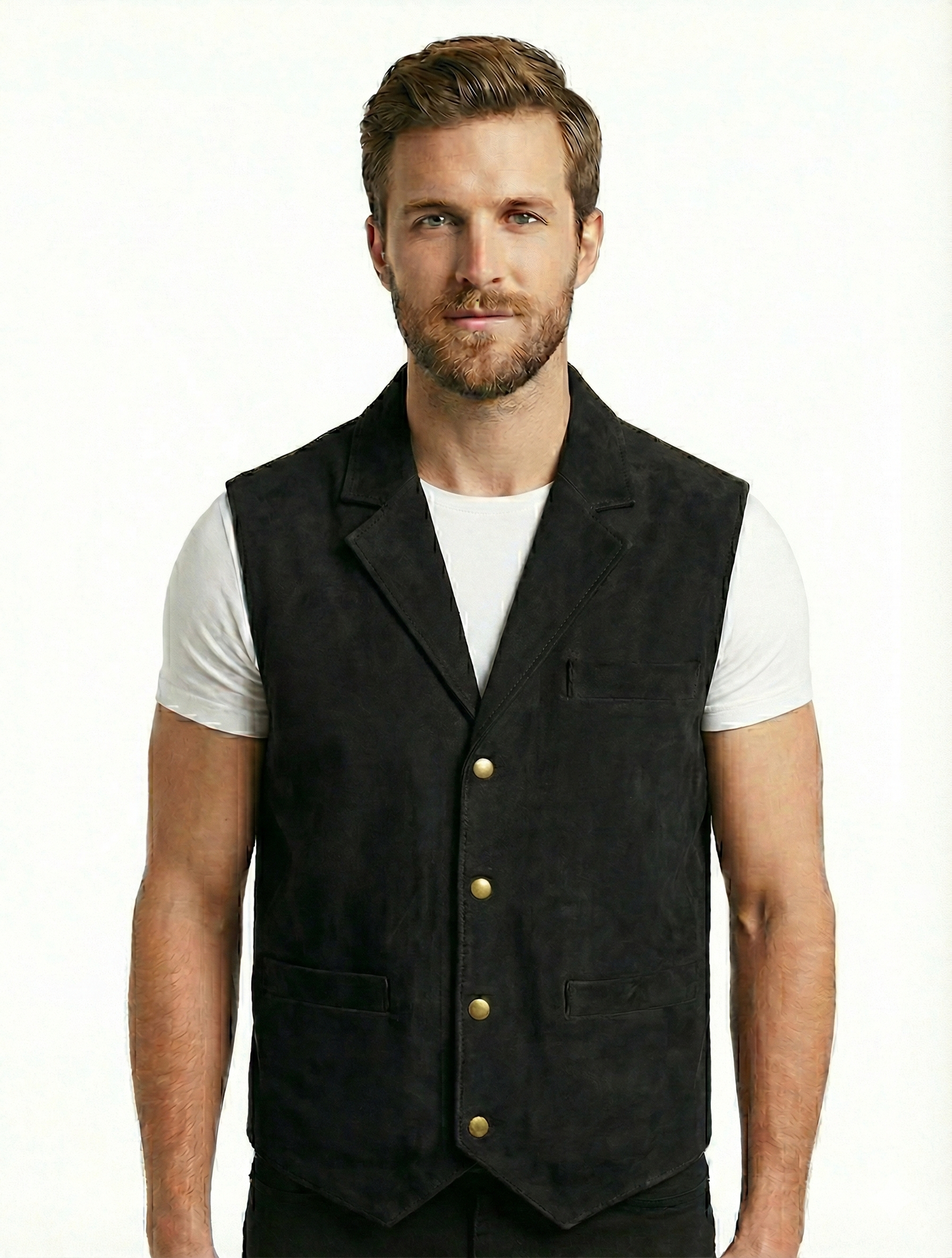 Men's French Lapel Real Suede Leather Vest | Majestic Leather — front view | Majestic Leather UK