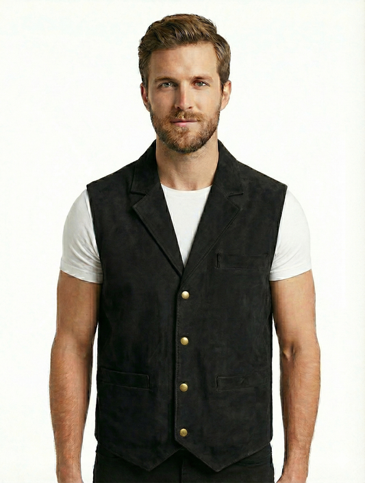 Men's French Lapel Real Suede Leather Vest | Majestic Leather — front view | Majestic Leather UK