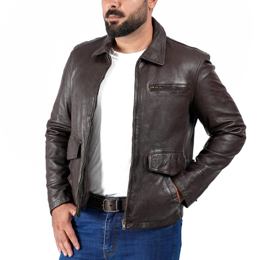 Men's Vintage Brown Real Leather Biker Jacket — front view | Majestic Leather UK
