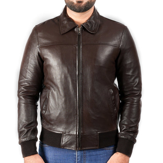 Vintage Brown Bomber Leather Jacket | Majestic Leather — front view | Majestic Leather UK