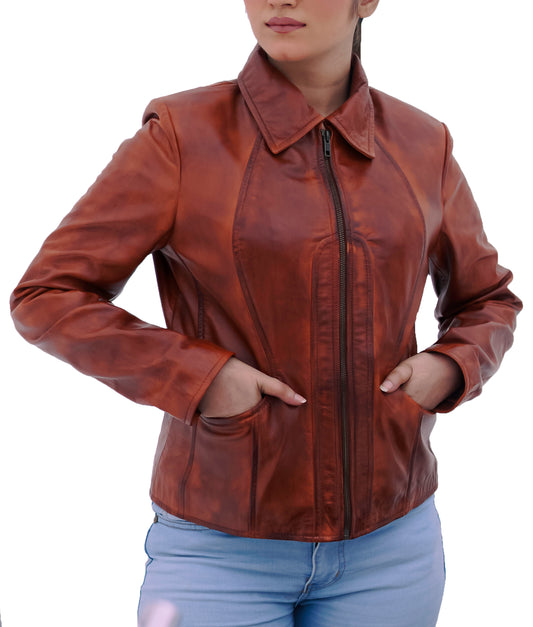 Women's Jennifer Lopez Distressed Brown Leather Motorcycle Jacket
