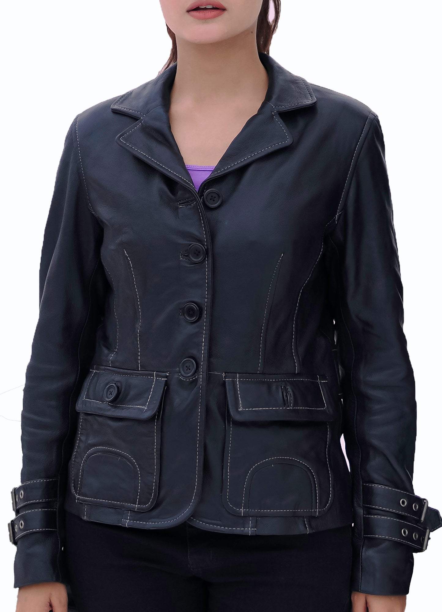 Women's New REAL LEATHER BIKER VINTAGE SOFT BLACK LAMBSKIN BLAZER COAT Majestic Leather