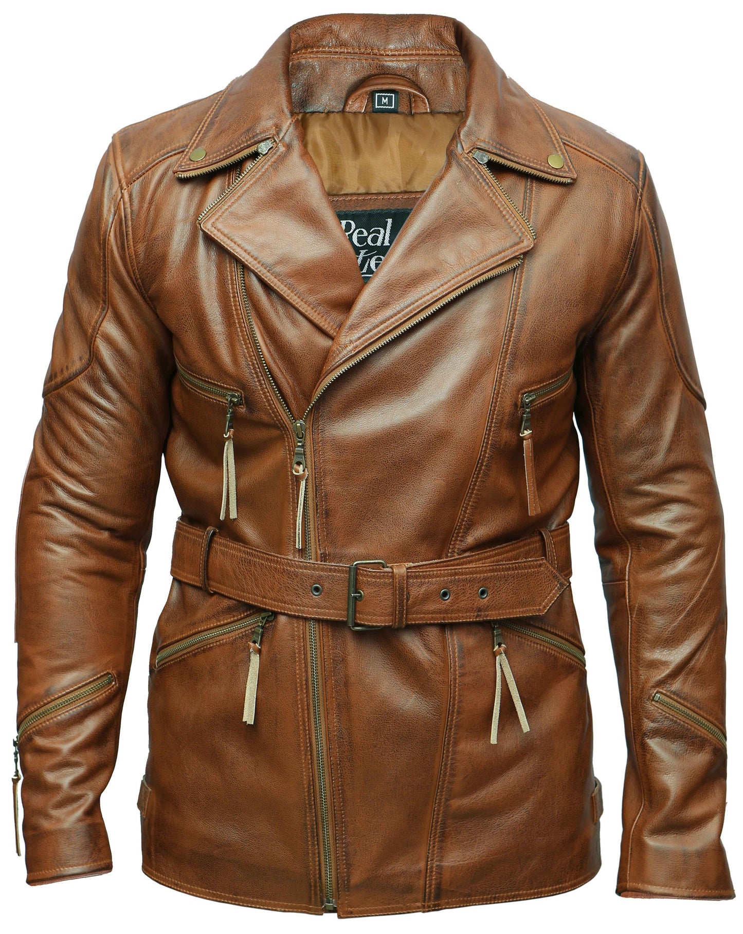 Real Leather Brown Jacket 3/4 Lenght Coat | Majestic Leather — front view | Majestic Leather UK