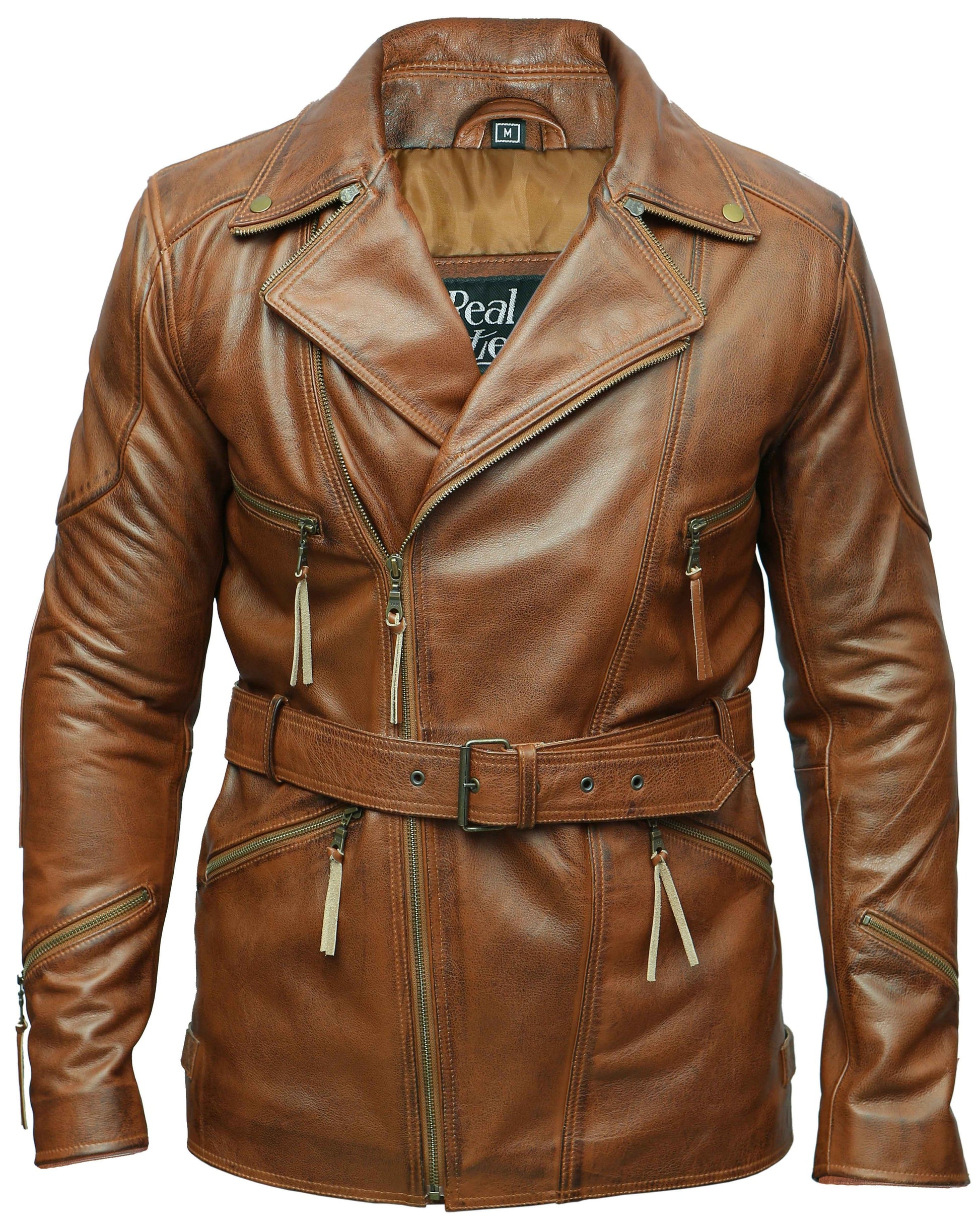 Real Leather Brown Jacket 3/4 Lenght Coat | Majestic Leather — front view | Majestic Leather UK