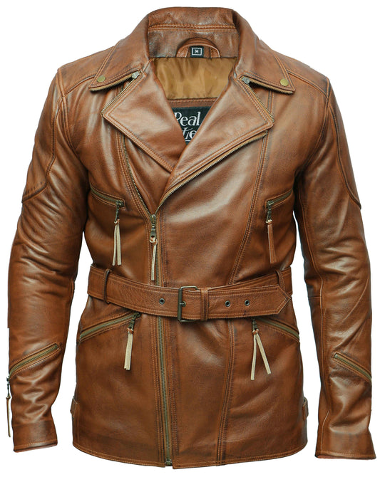 Real Leather Brown Jacket 3/4 Lenght Coat | Majestic Leather — front view | Majestic Leather UK