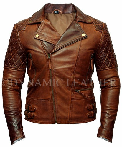 Majestic Leather - Mens Biker Classic Diamond Motorcycle Brown Distressed Vintage Leather Jacket