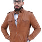 Men's New Biker Light Tan Brown Lambskin Button — front view | Majestic Leather UK