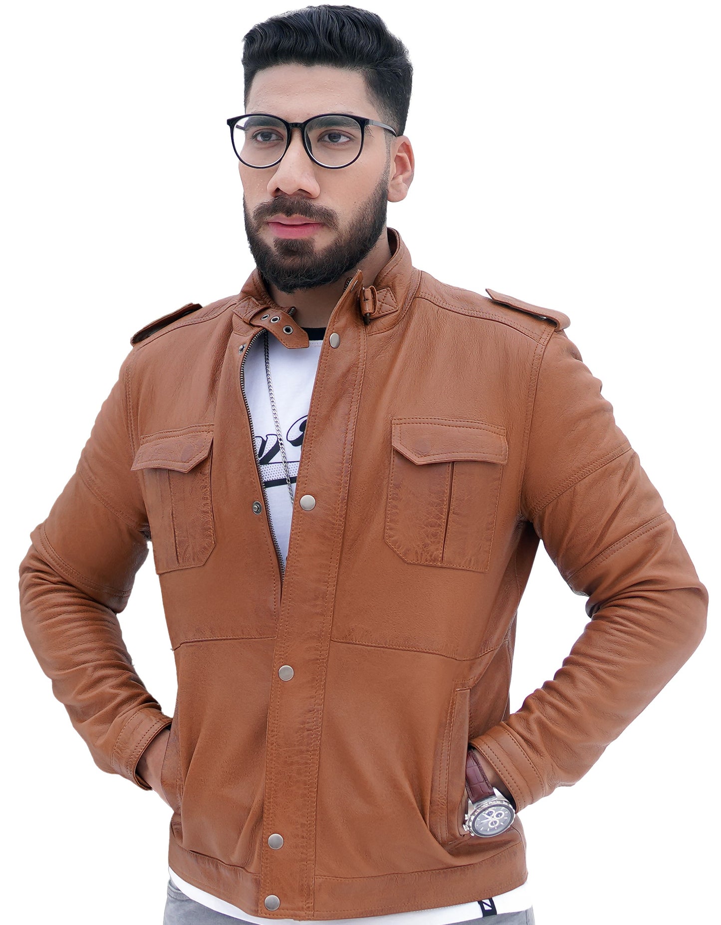 Men's New Biker Light Tan Brown Lambskin Leather Shirt | Majestic Leather Majestic Leather