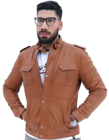 Men's New Biker Light Tan Brown Lambskin Leather Shirt | Majestic Leather Majestic Leather