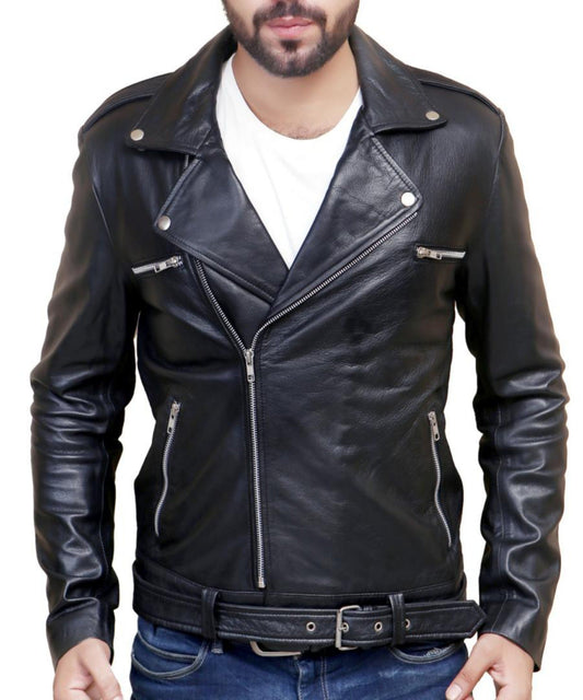 Black Leather Jacket Lapel Collar | Majestic Leather — front view | Majestic Leather UK