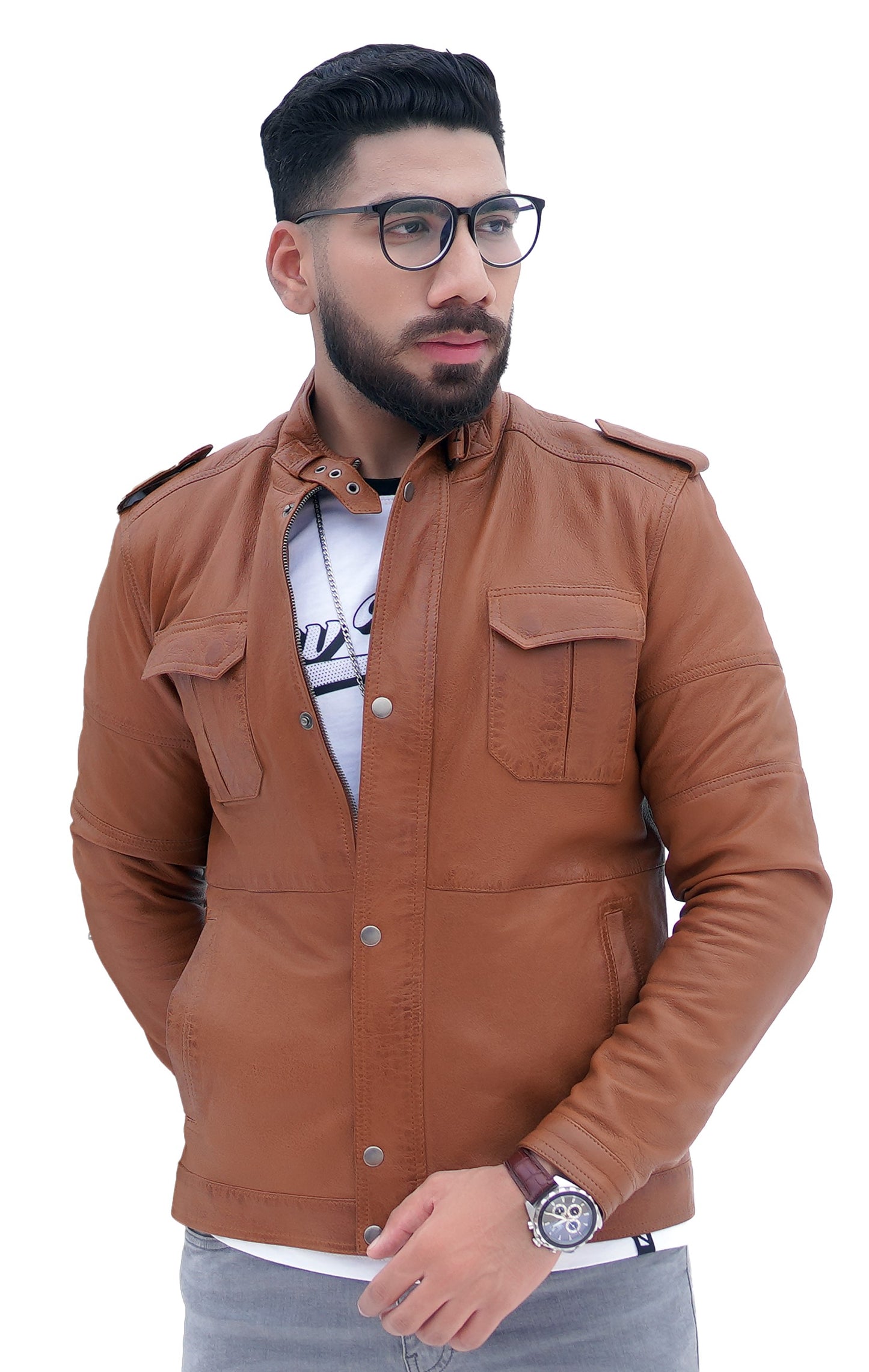 Men's New Biker Light Tan Brown Lambskin Leather Shirt | Majestic Leather Majestic Leather