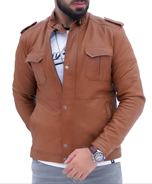 Men's New Biker Light Tan Brown Lambskin Button — collar detail | Majestic Leather UK