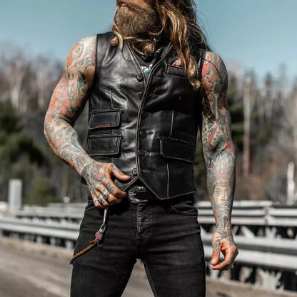 Men's Distress Black Cow Hide Leather Vest
