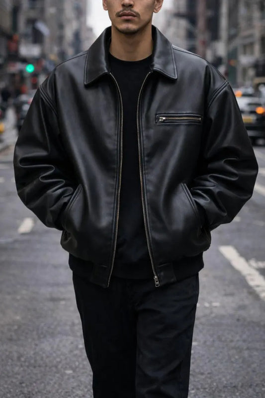 New Mens 90s Oversized Black Leather Jacket Vintage Handmade Genuine Leather Bomber Jacket Casual Baggy Style Retro Streetwear Majestic Leather