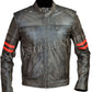 Men's Cafe Racer Distress Faded Black Cowhide Red banded Arms Leather Jacket | Majestic Leather Majestic Leather