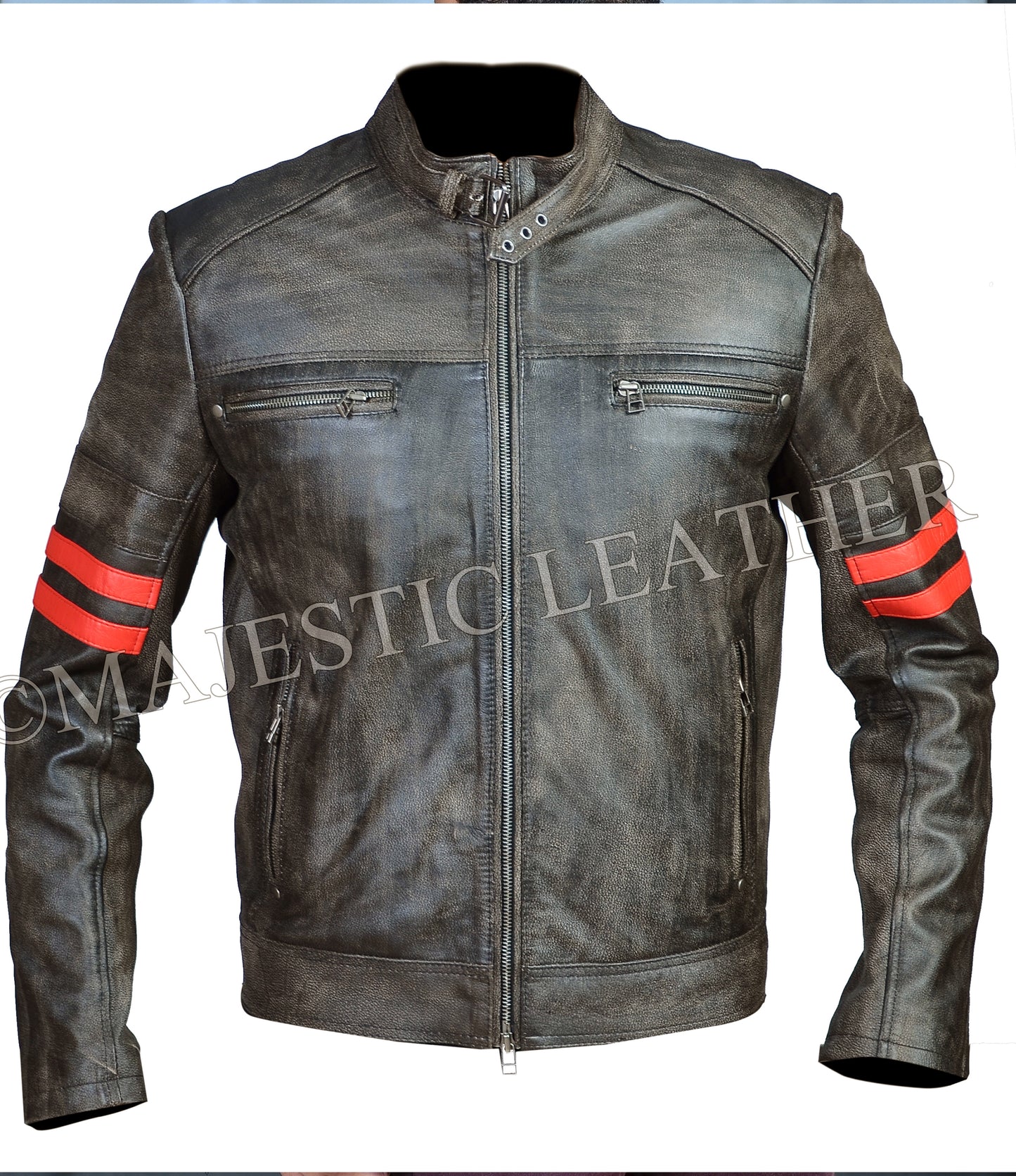 Men's Cafe Racer Distress Faded Black Cowhide Red banded Arms Leather Jacket | Majestic Leather Majestic Leather