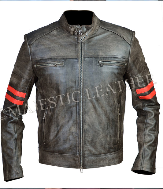 Men's Cafe Racer Distressed Faded Black Cowhide Leather Jacket — side profile | Majestic Leather UK