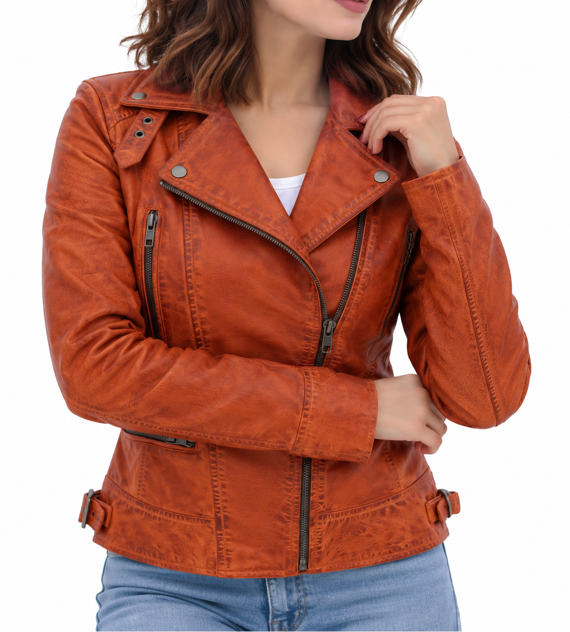 Women's New Real Lambskin Brown Brando Biker | Majestic Leather Majestic Leather