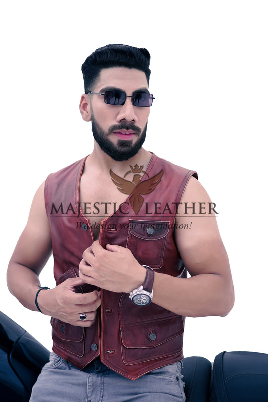 New Men's Biker Vintage Tan Brown Real Leather Motorcycle Button-Down Vest