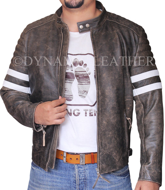 Majestic Leather - Mens Biker Vintage Distressed Faded Brown Fight Club Leather Jacket Majestic Leather