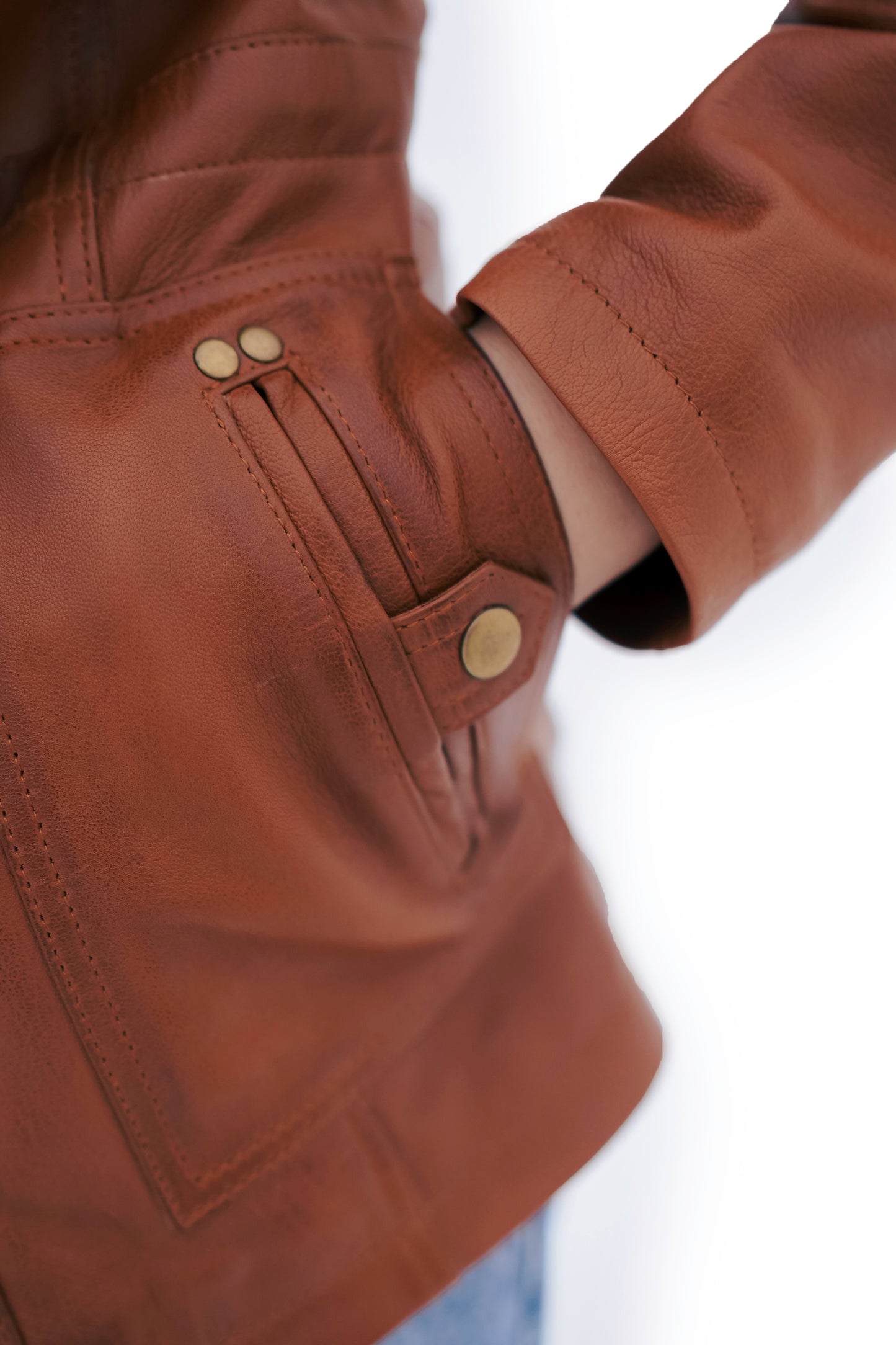 WOMEN REAL LAMBSKIN CAMEL BROWN THREE-QUARTER BIKER LEATHER COAT