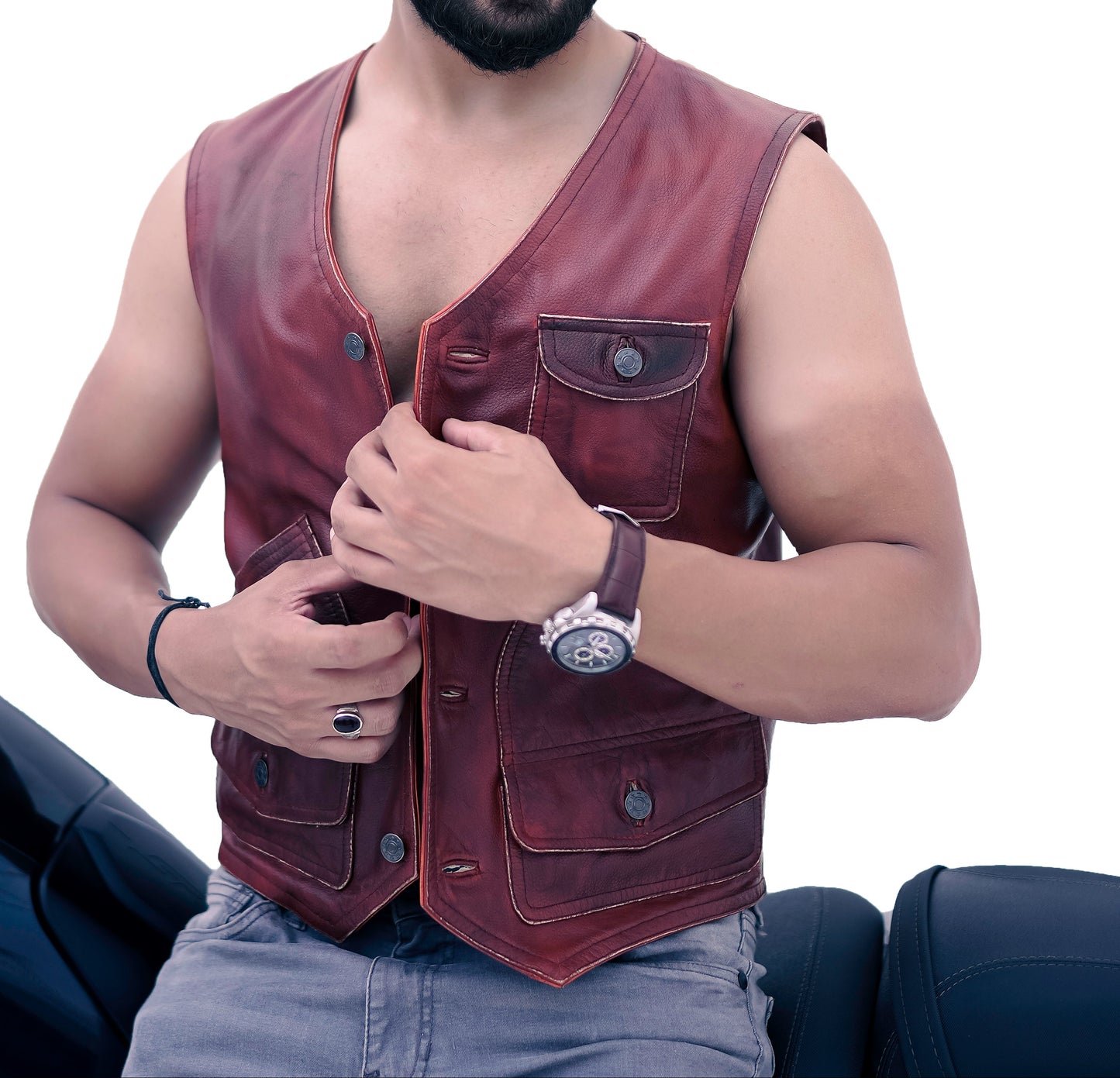 New Men's Biker Vintage Tan Brown Real Leather Motorcycle Button-Down Vest