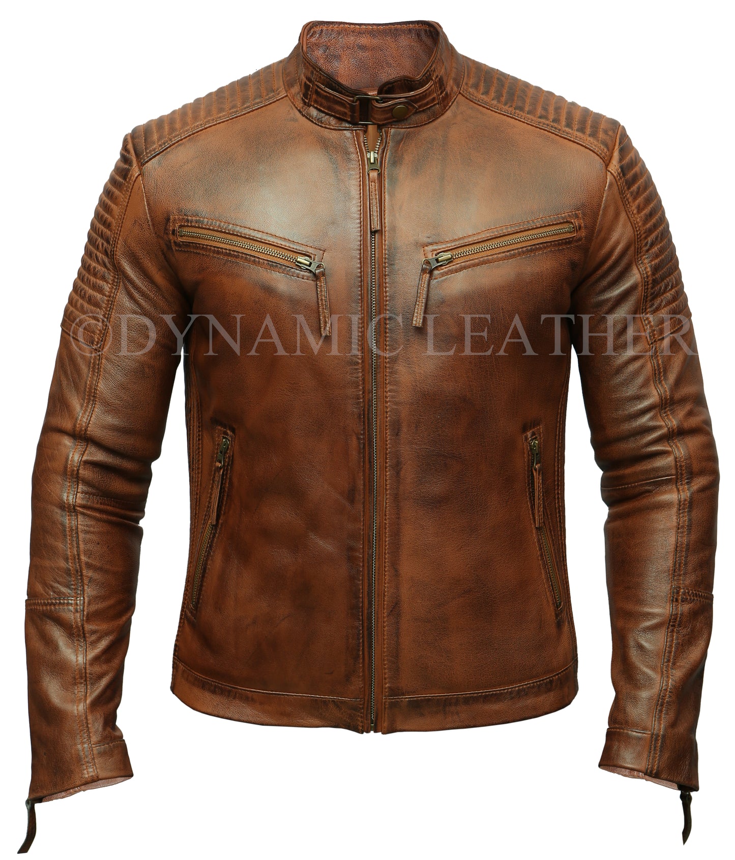 Men's Cross Pocket Zipped Wrinkled Shoulders Racer Brown Leather Jacket | Majestic Leather Majestic Leather