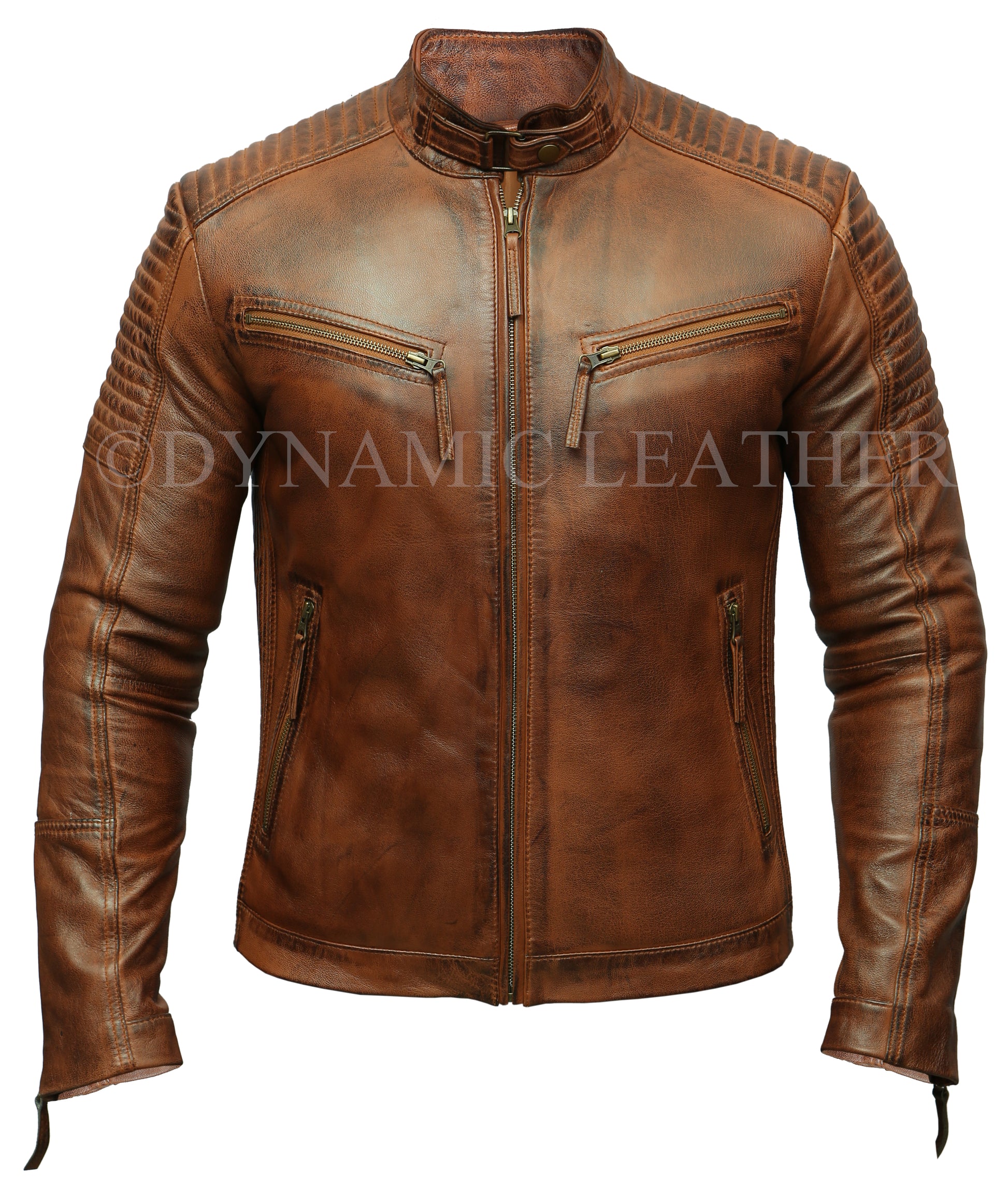 Men's Cross Pocket Zipped Wrinkled Shoulders Racer Brown Leather Jacket | Majestic Leather Majestic Leather