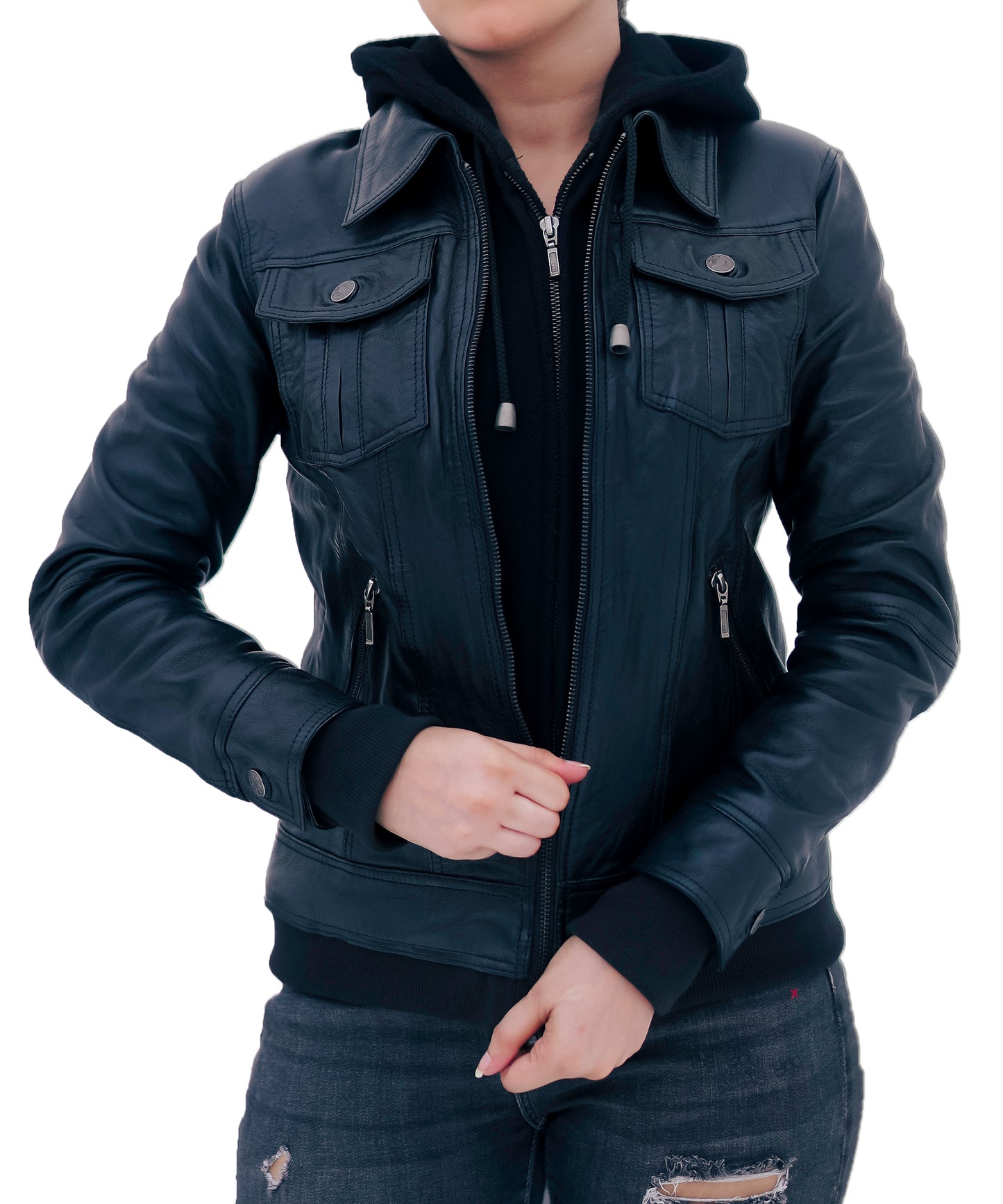 WOMEN REAL LEATHER HOODED SOFT LAMBSKIN BIKER JACKET