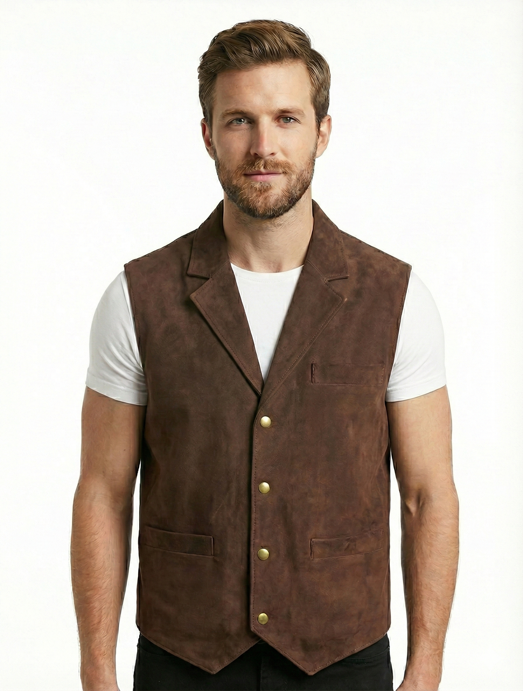 Men's French Lapel Real Suede Leather Vest | Majestic Leather — collar detail | Majestic Leather UK