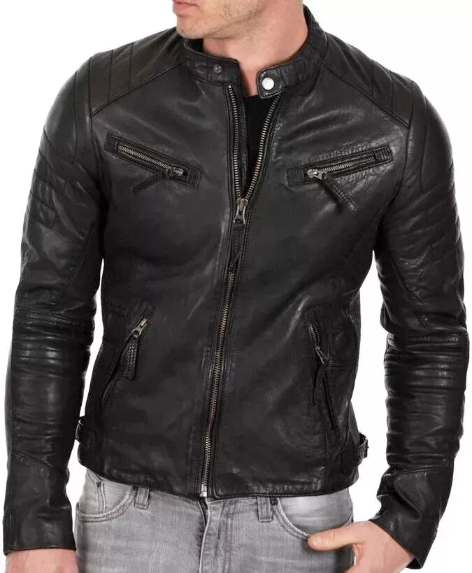 Majestic Leather - MENS VINTAGE DIAMOND CAFE RACER BLACK GENUINE LEATHER SLIM FIT REAL BIKER JACKET Majestic Leather