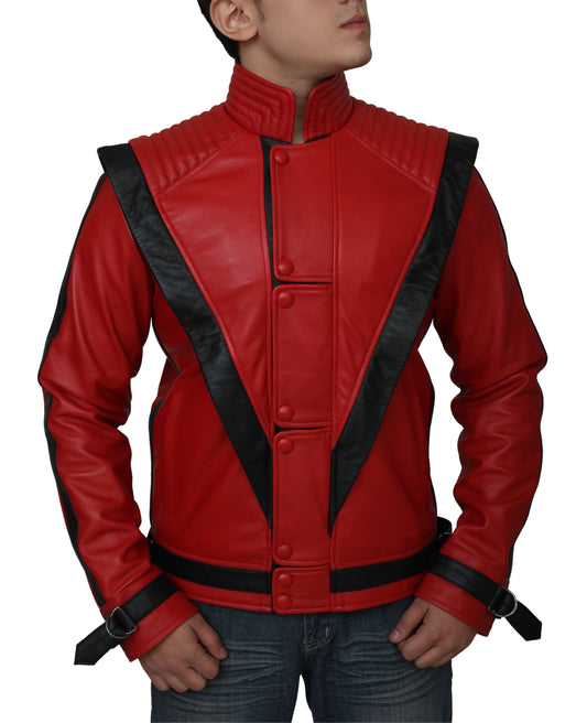 Men's Michael Jackson Thriller Red Biker Genuine Leather Jacket — front view | Majestic Leather UK