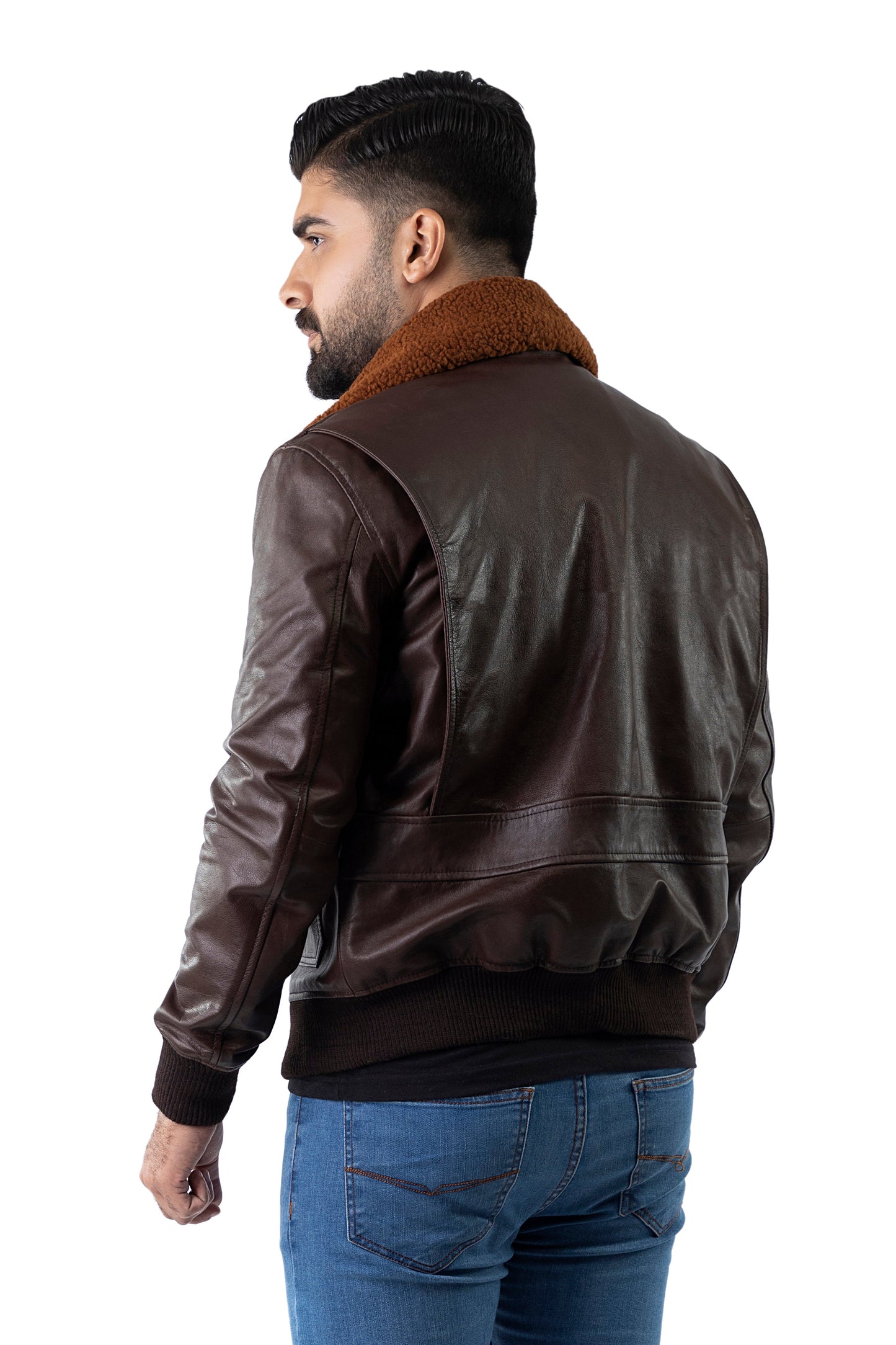 Men's Bomber Brown Cowhide Leather Jacket | Majestic Leather — back view | Majestic Leather UK