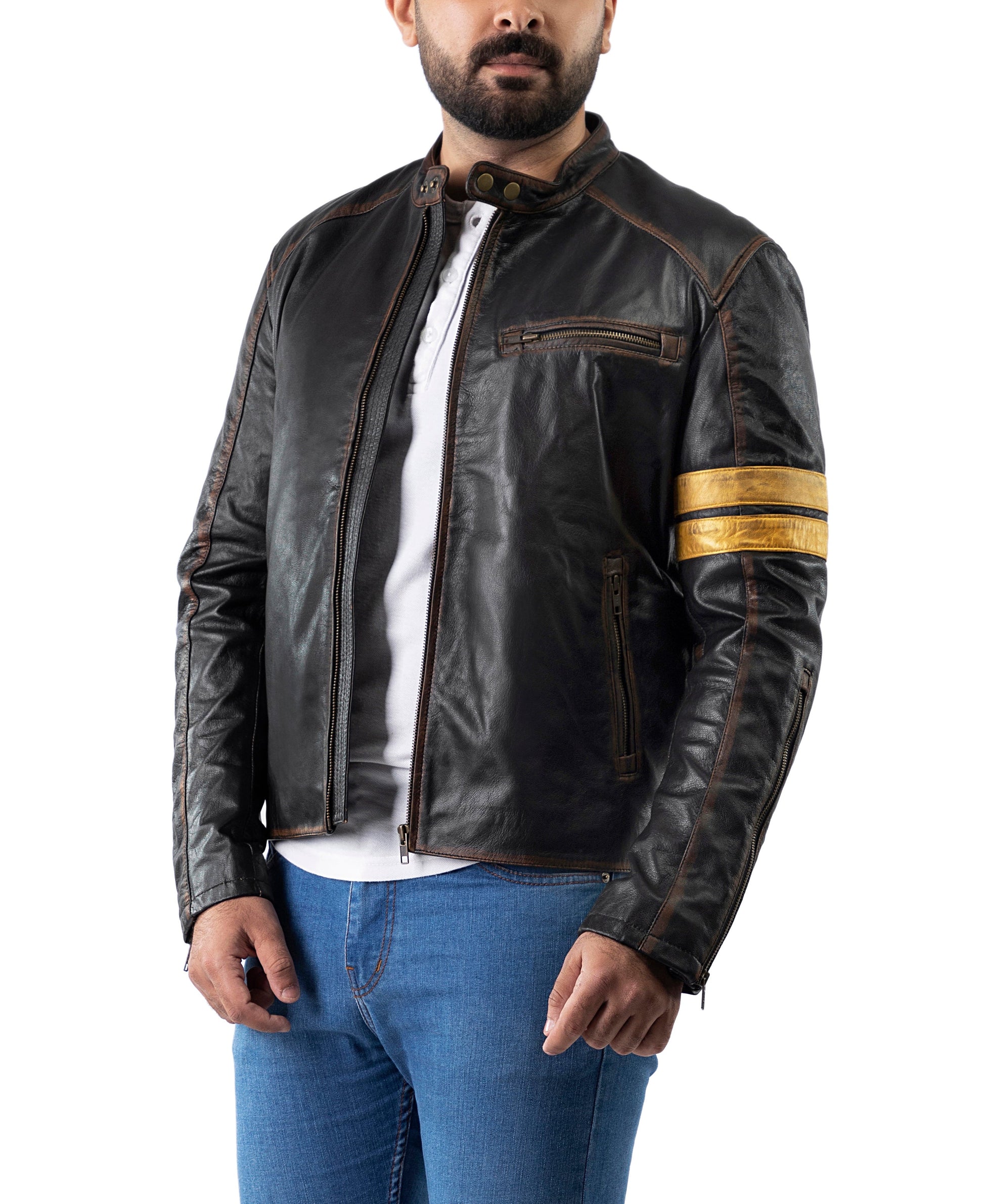 Yellow straps Distress Black Real Leather Jacket | Majestic Leather — front view | Majestic Leather UK