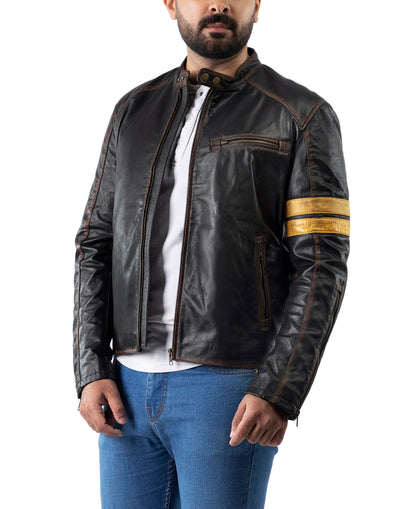 Yellow straps Distress Black Real Leather Jacket | Majestic Leather — front view | Majestic Leather UK