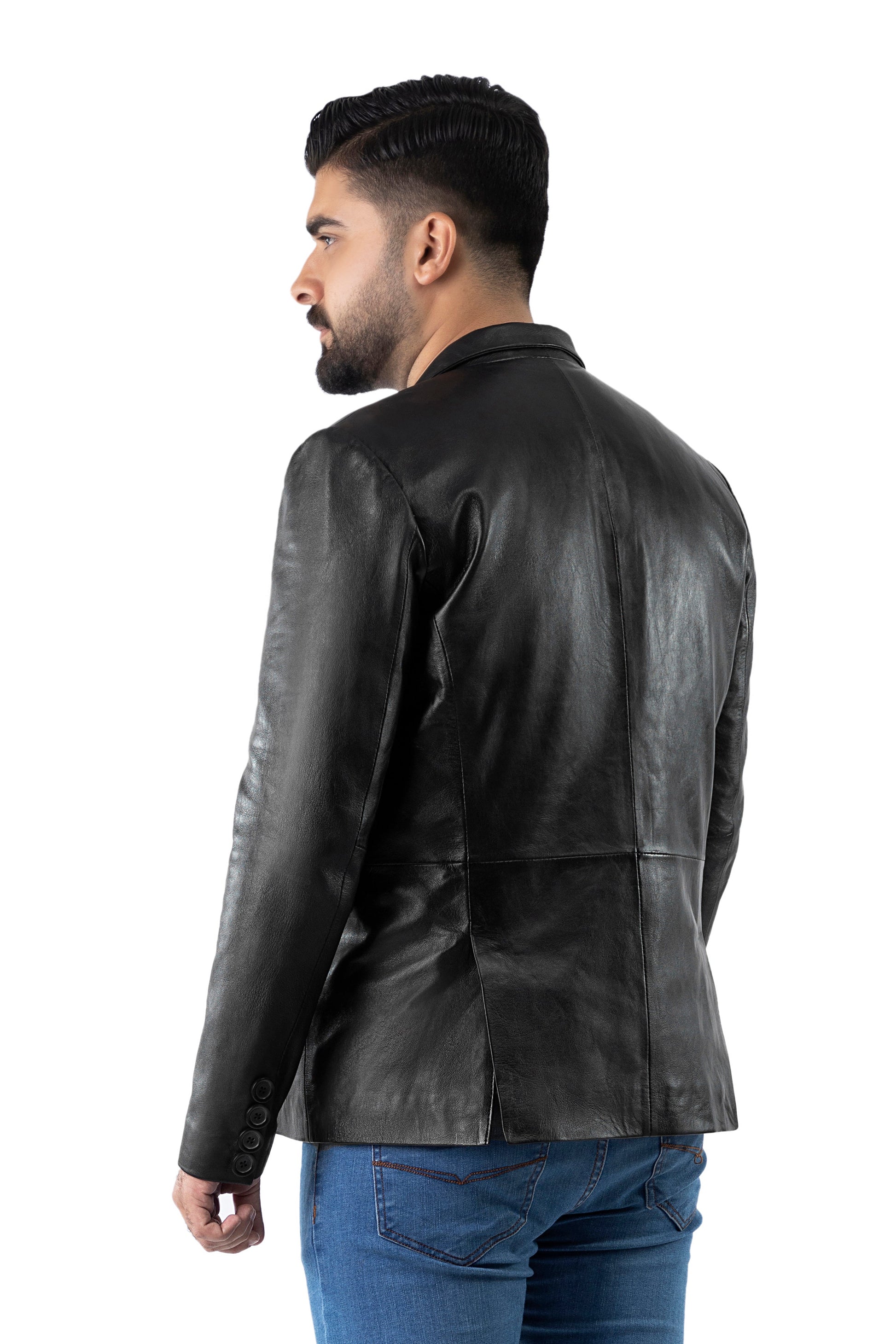BLAZER TWO BUTTON COAT REAL LEATHER | Majestic Leather — side profile | Majestic Leather UK