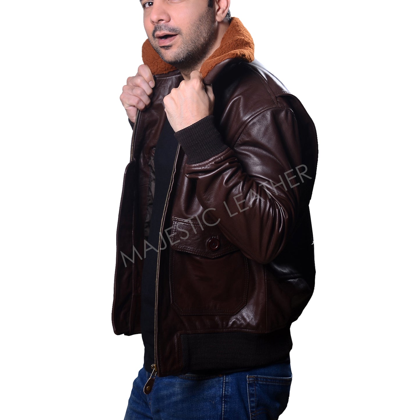 Men's G-1 Navy Leather Bomber Brown Real Leather Jacket