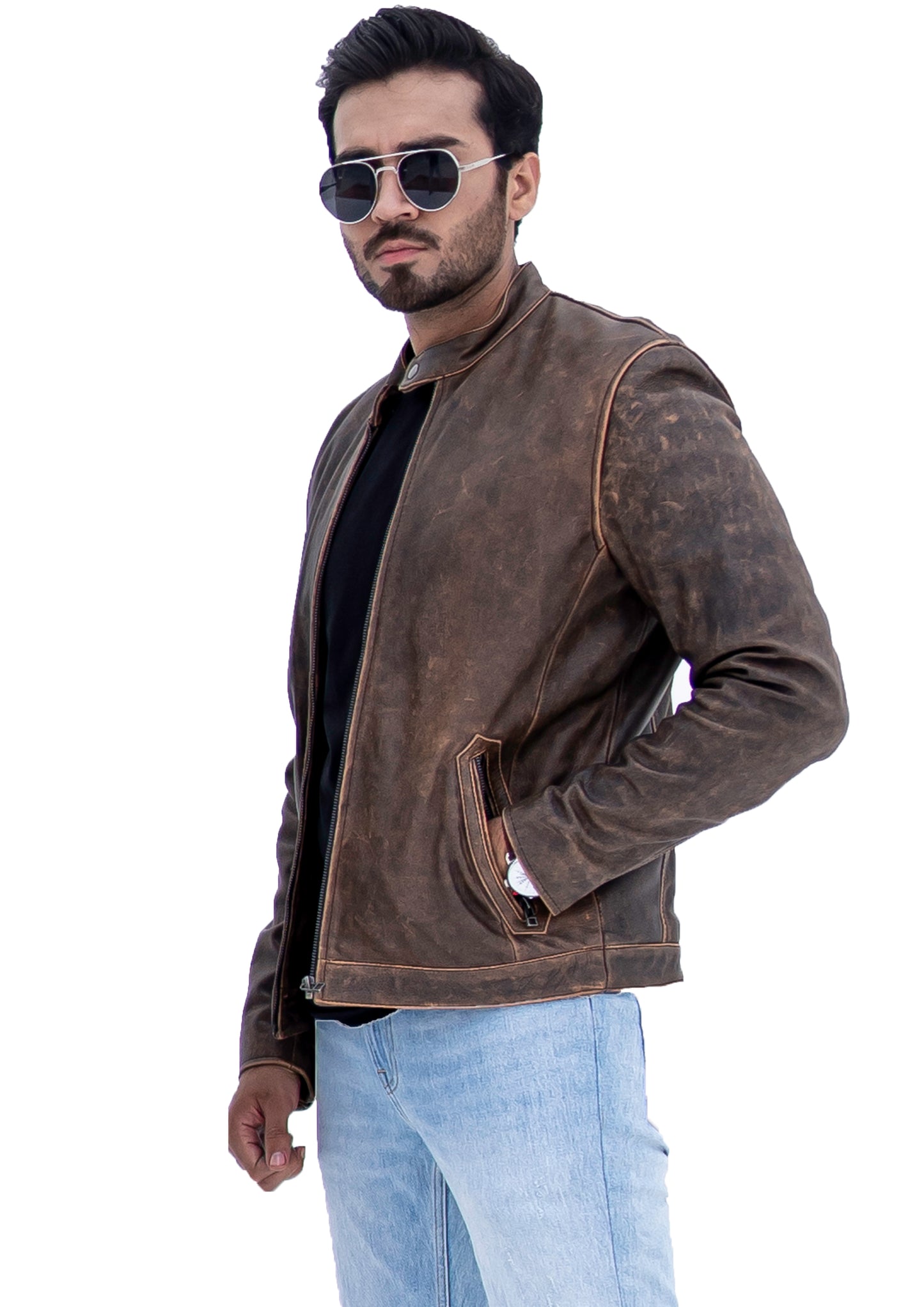 NEW MENS DISTRESSED CAFE RACER BROWN LEATHER JACKET