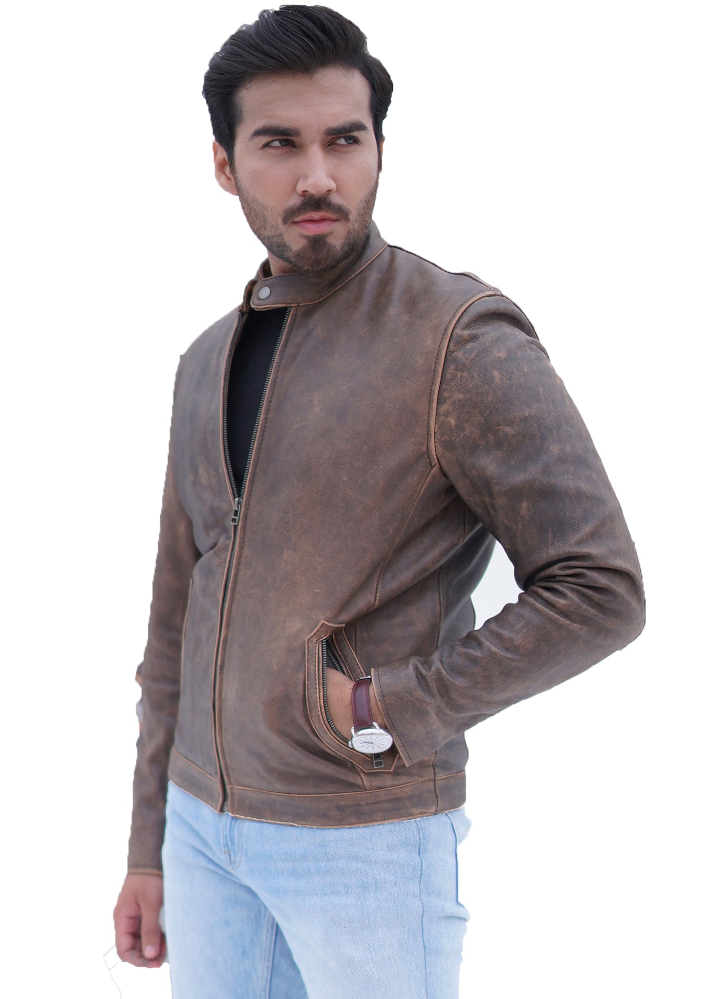 NEW MENS DISTRESSED CAFE RACER BROWN LEATHER JACKET