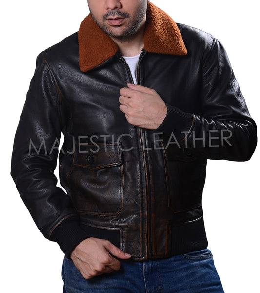 New Men's G-1 Navy Leather Bomber Distressed Brown Real Leather Jacket