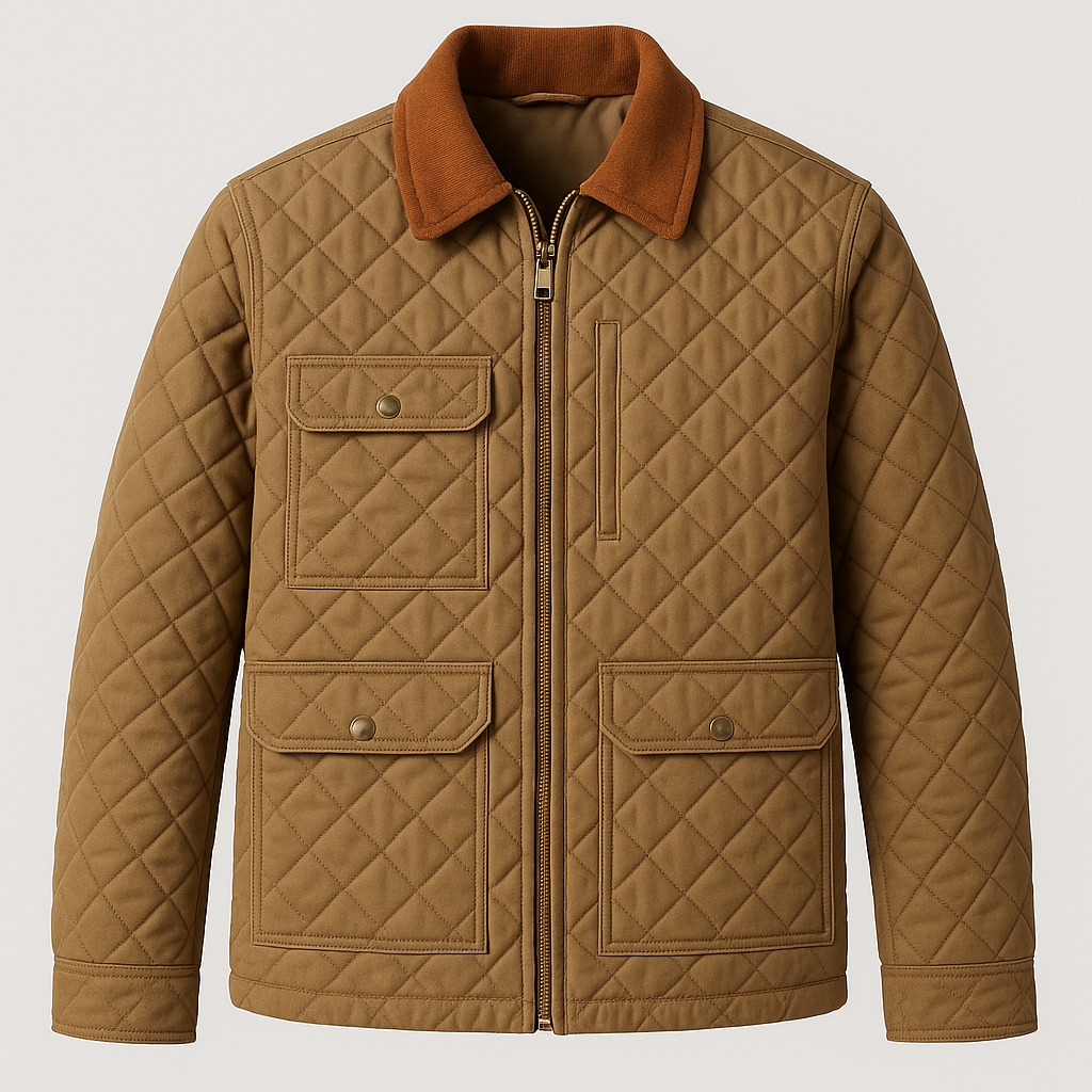 Majestic Leather - Men's New Men’s Tan Yellow Quilted Stone Jacket with Corduroy Collar – Diamond Stitch Field Coat with Zip Closure Majestic Leather